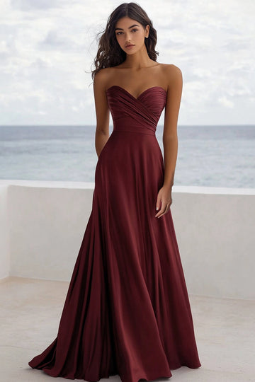 A Line Ruched Satin Burgundy Long Formal Dress